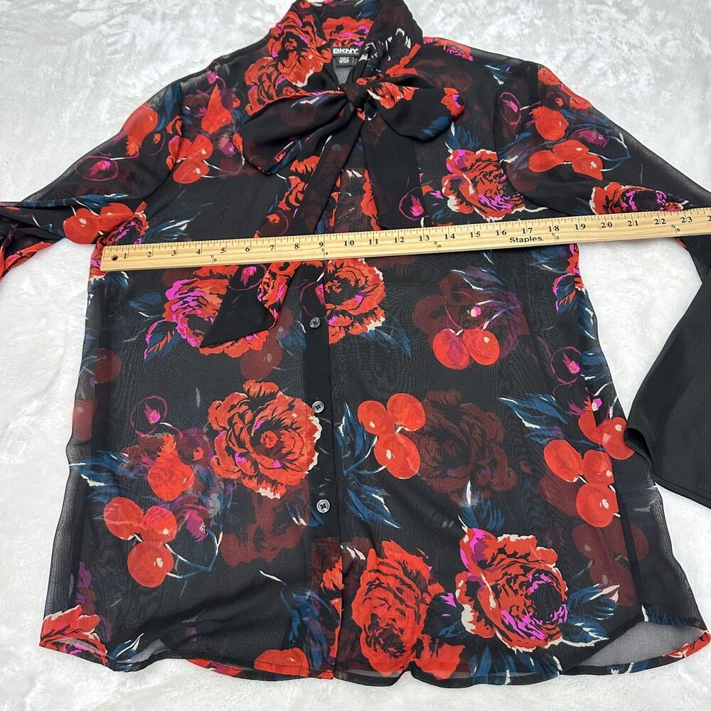 DKNY Black Red Floral Neck Bow Tie 3/4 Sleeve Semi-Sheer Blouse w/Camisole Sz M - Picture 12 of 16